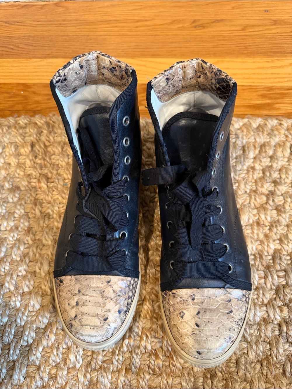 Lanvin Women's High-Top Sneakers with Snake-Print Toe and Collar - Black size 9